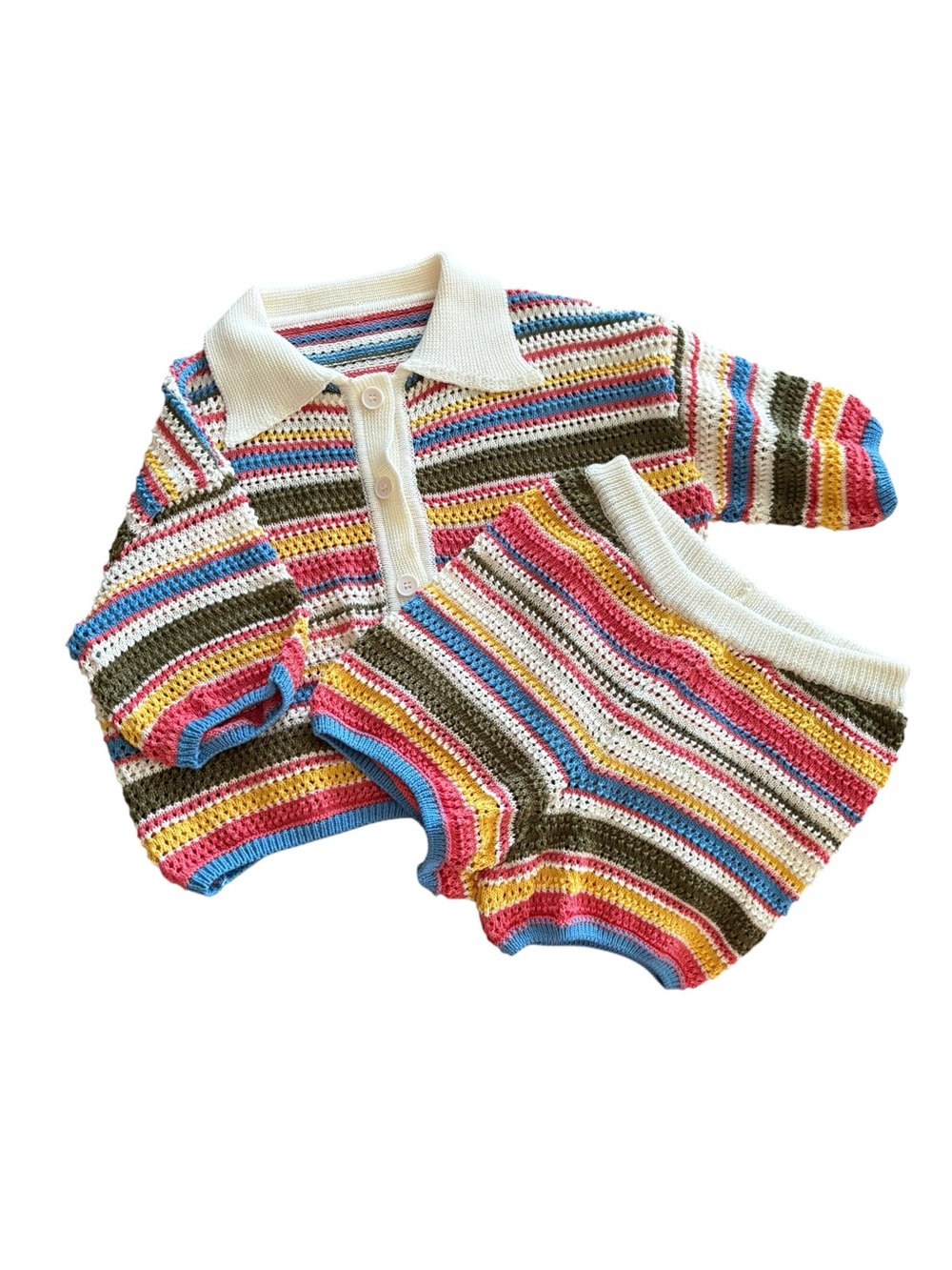 Crochet Knit Striped Lounge Set Retro Collared Sweater Shorts Set